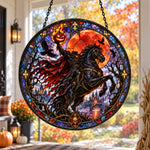 Headless Horseman Halloween stained glass suncatcher window hanging, suitable for home and garden decoration