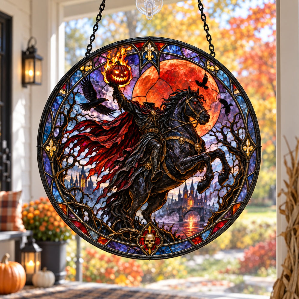 Headless Horseman Halloween stained glass suncatcher window hanging, suitable for home and garden decoration