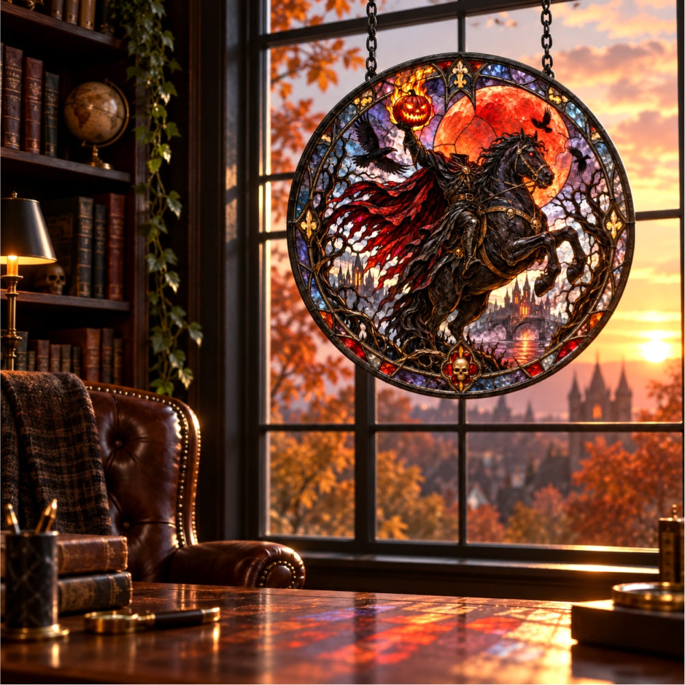 Headless Horseman Halloween stained glass suncatcher window hanging, suitable for home and garden decoration