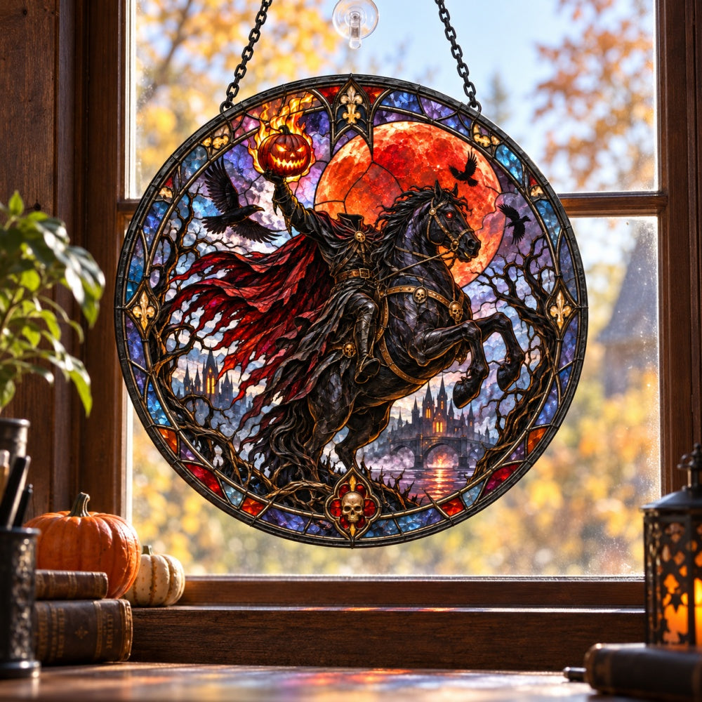 Headless Horseman Halloween stained glass suncatcher window hanging, suitable for home and garden decoration