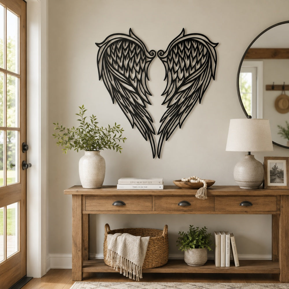 Black metal Heart Angel wings wall art with intricate cutout details displayed on the wall