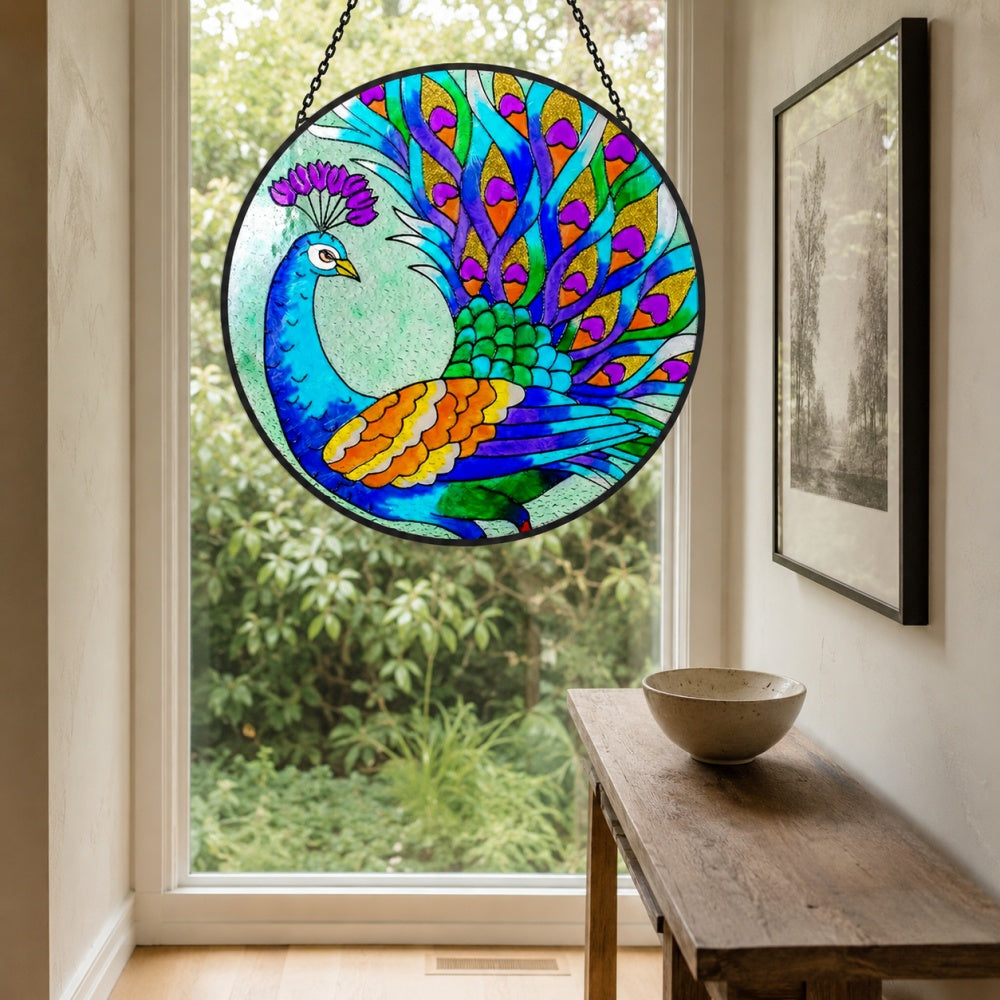 Heart feather peacock stained glass suncatcher window hanging, suitable for home and garden decoration