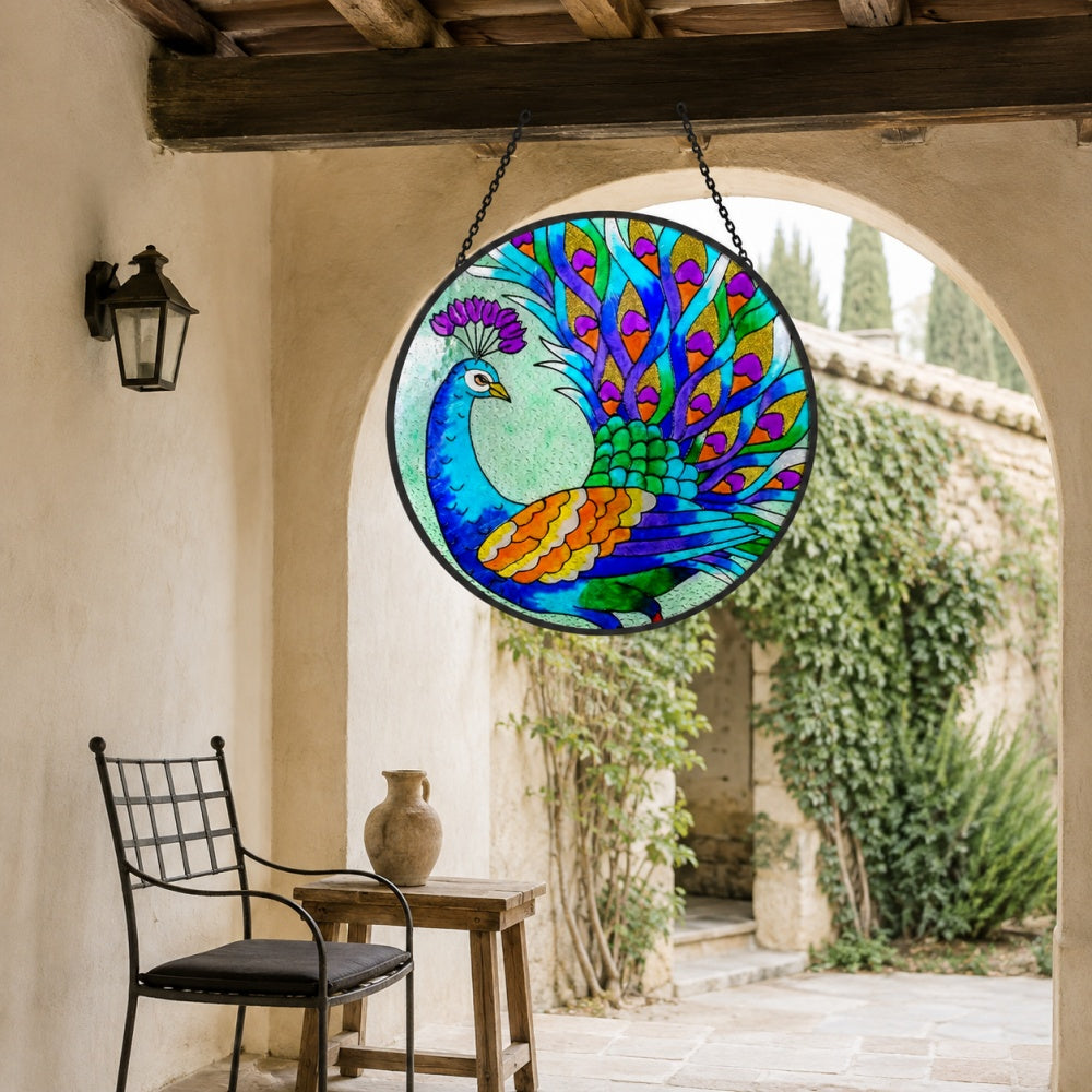 Heart feather peacock stained glass suncatcher window hanging, suitable for home and garden decoration