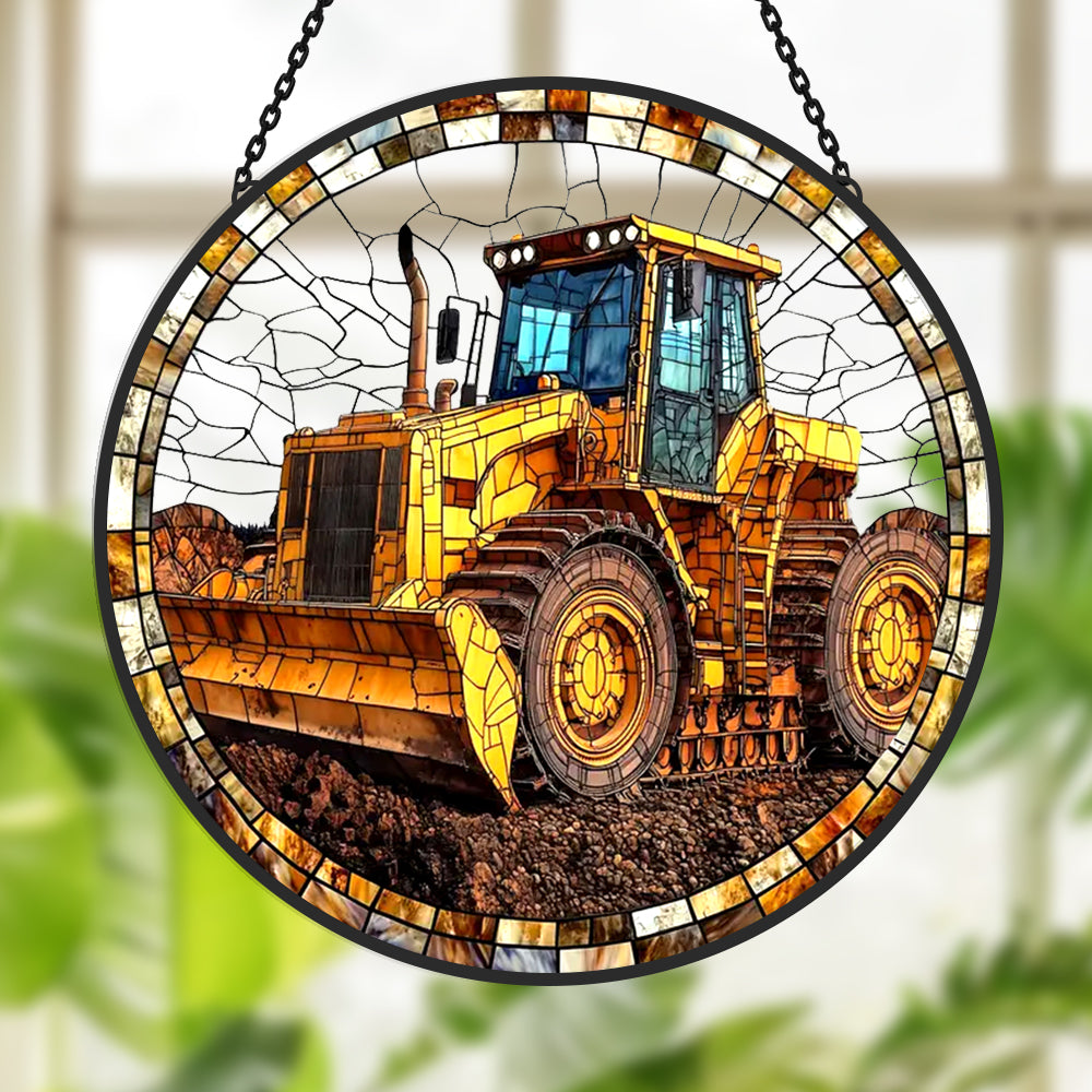 Heavy duty yellow bulldozer stained glass suncatcher window hanging, suitable for home and garden decoration