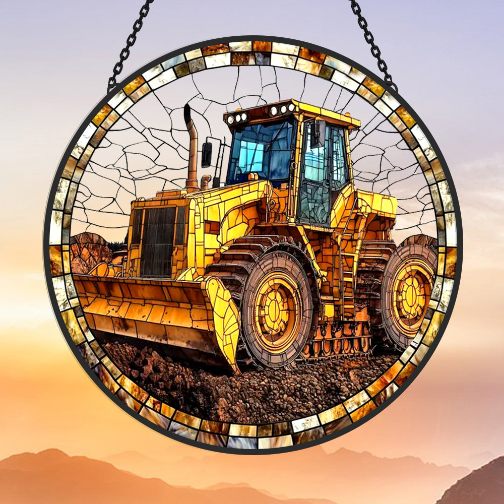 Heavy duty yellow bulldozer stained glass suncatcher window hanging, suitable for home and garden decoration