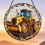 Heavy duty yellow bulldozer stained glass suncatcher window hanging, suitable for home and garden decoration
