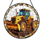 Heavy duty yellow bulldozer stained glass suncatcher window hanging, suitable for home and garden decoration