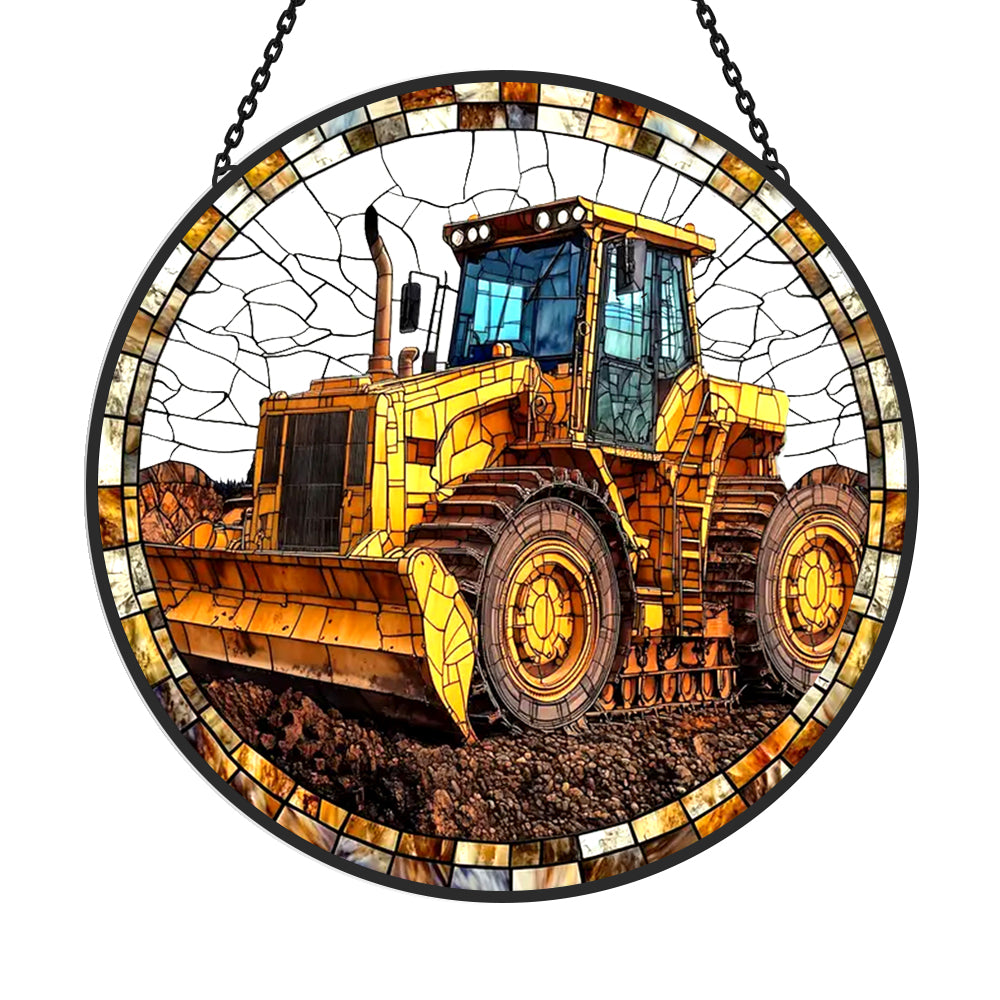 Heavy duty yellow bulldozer stained glass suncatcher window hanging, suitable for home and garden decoration