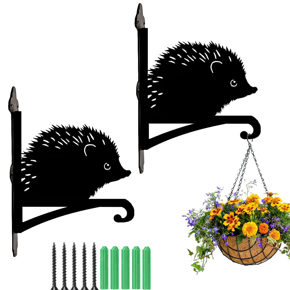 Hedgehog metal hanging basket bracket mounted on outdoor wall for plant decoration