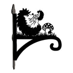 Hedgehogs with mushroom metal hanging basket bracket mounted on outdoor wall for plant decoration
