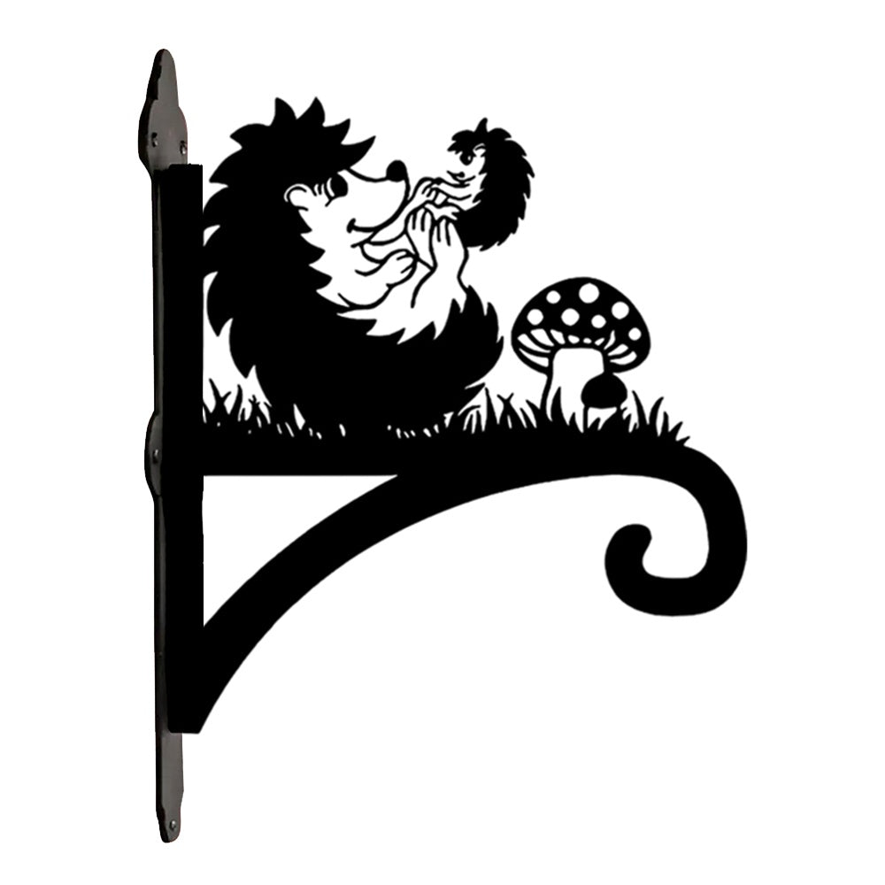 Hedgehogs with mushroom metal hanging basket bracket mounted on outdoor wall for plant decoration