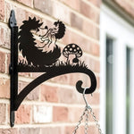 Hedgehogs with mushroom metal hanging basket bracket mounted on outdoor wall for plant decoration