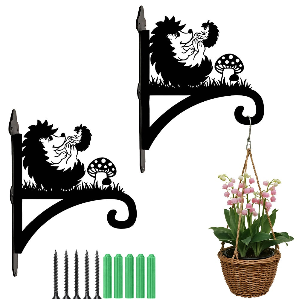 Hedgehogs with mushroom metal hanging basket bracket mounted on outdoor wall for plant decoration