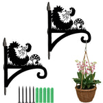 Hedgehogs with mushroom metal hanging basket bracket mounted on outdoor wall for plant decoration