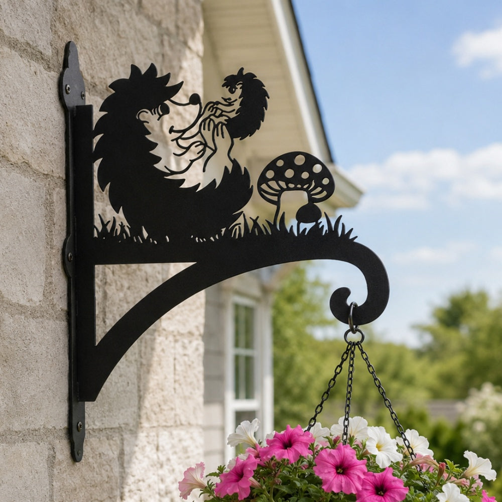 Hedgehogs with mushroom metal hanging basket bracket mounted on outdoor wall for plant decoration