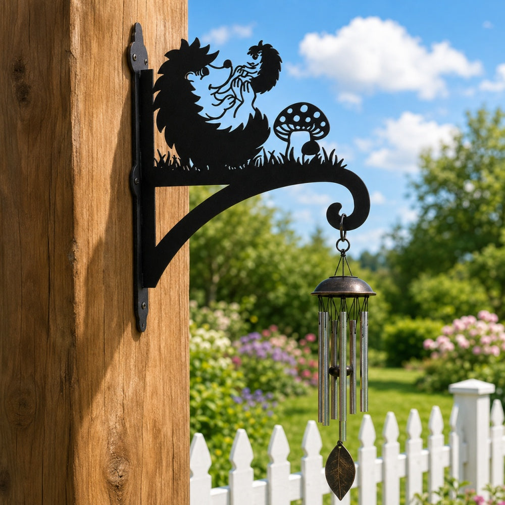 Hedgehogs with mushroom metal hanging basket bracket mounted on outdoor wall for plant decoration