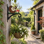Hedgehogs with mushroom metal hanging basket bracket mounted on outdoor wall for plant decoration