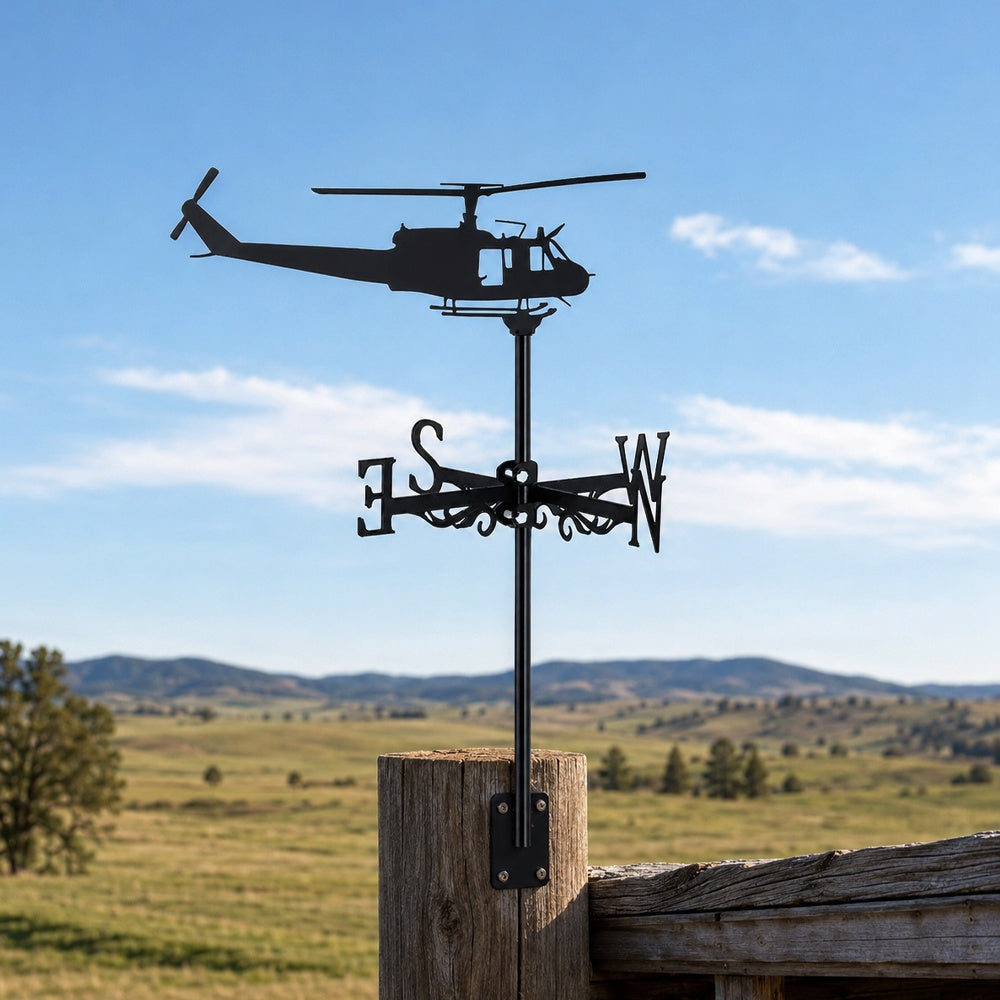 Helicopter metal weather vane with directional arrows and mounting rod, outdoor roof and garden decoration