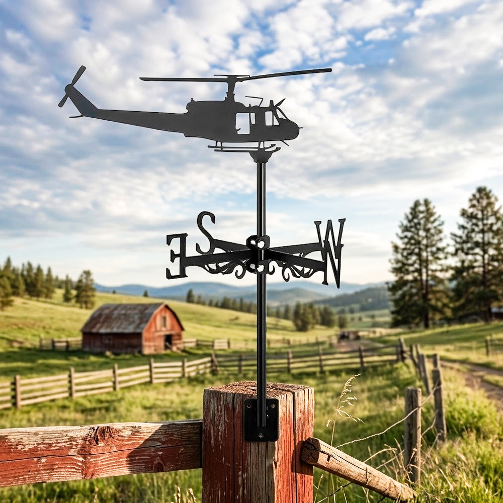 Helicopter metal weather vane with directional arrows and mounting rod, outdoor roof and garden decoration