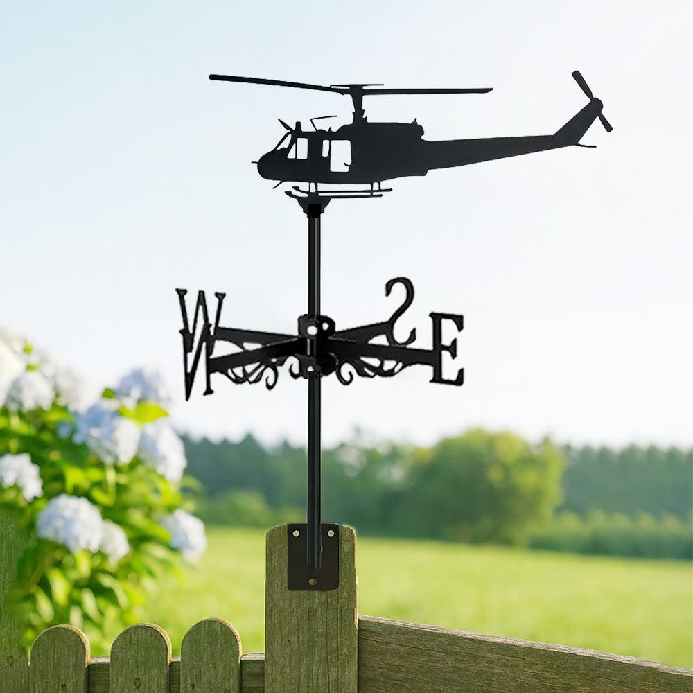 Helicopter metal weather vane with directional arrows and mounting rod, outdoor roof and garden decoration
