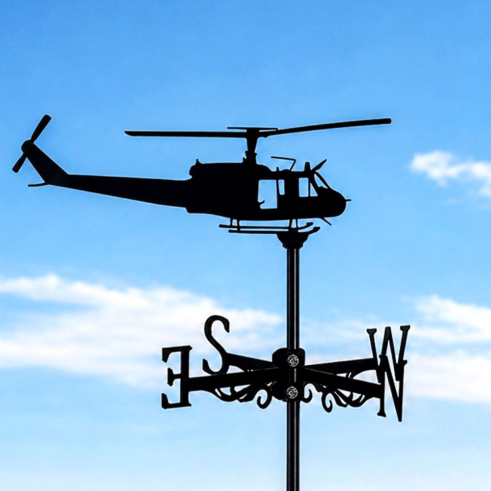 Helicopter metal weather vane with directional arrows and mounting rod, outdoor roof and garden decoration