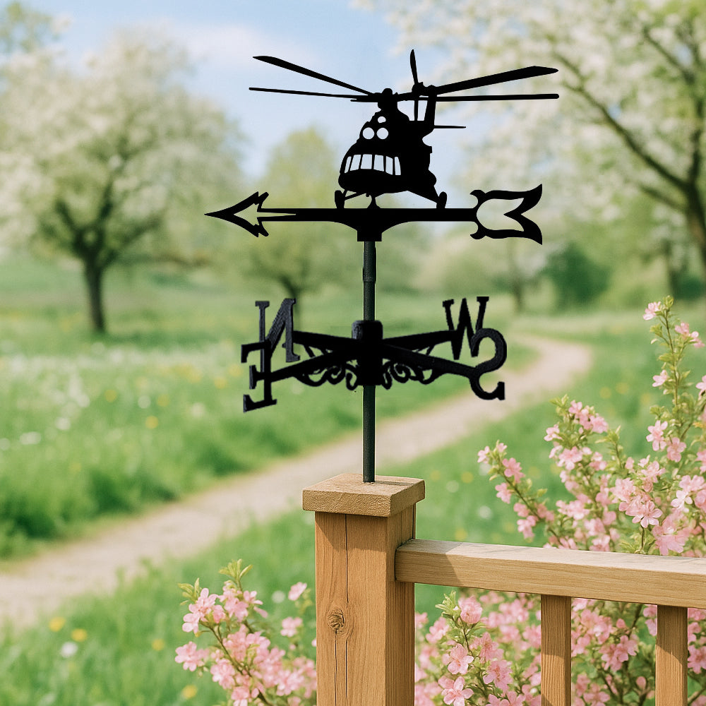 Helicopter metal weather vane with directional arrows and mounting rod, outdoor roof and garden decoration