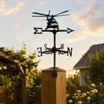 Helicopter metal weather vane with directional arrows and mounting rod, outdoor roof and garden decoration