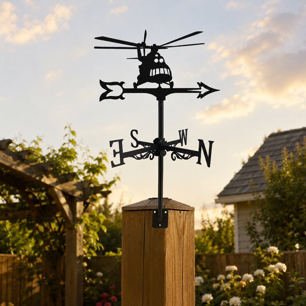 Helicopter metal weather vane with directional arrows and mounting rod, outdoor roof and garden decoration