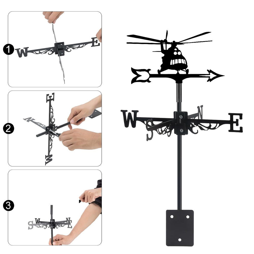 Helicopter metal weather vane with directional arrows and mounting rod, outdoor roof and garden decoration