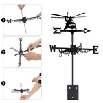 Helicopter metal weather vane with directional arrows and mounting rod, outdoor roof and garden decoration
