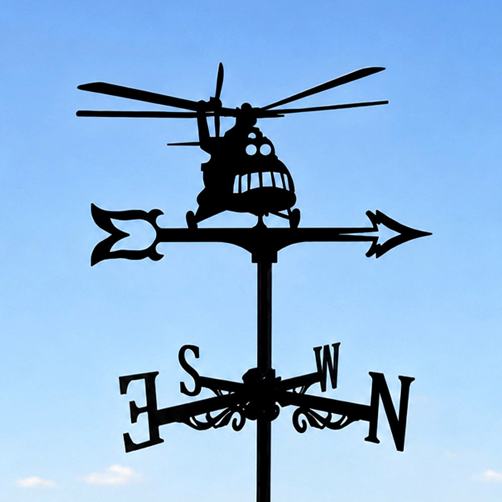 Helicopter metal weather vane with directional arrows and mounting rod, outdoor roof and garden decoration