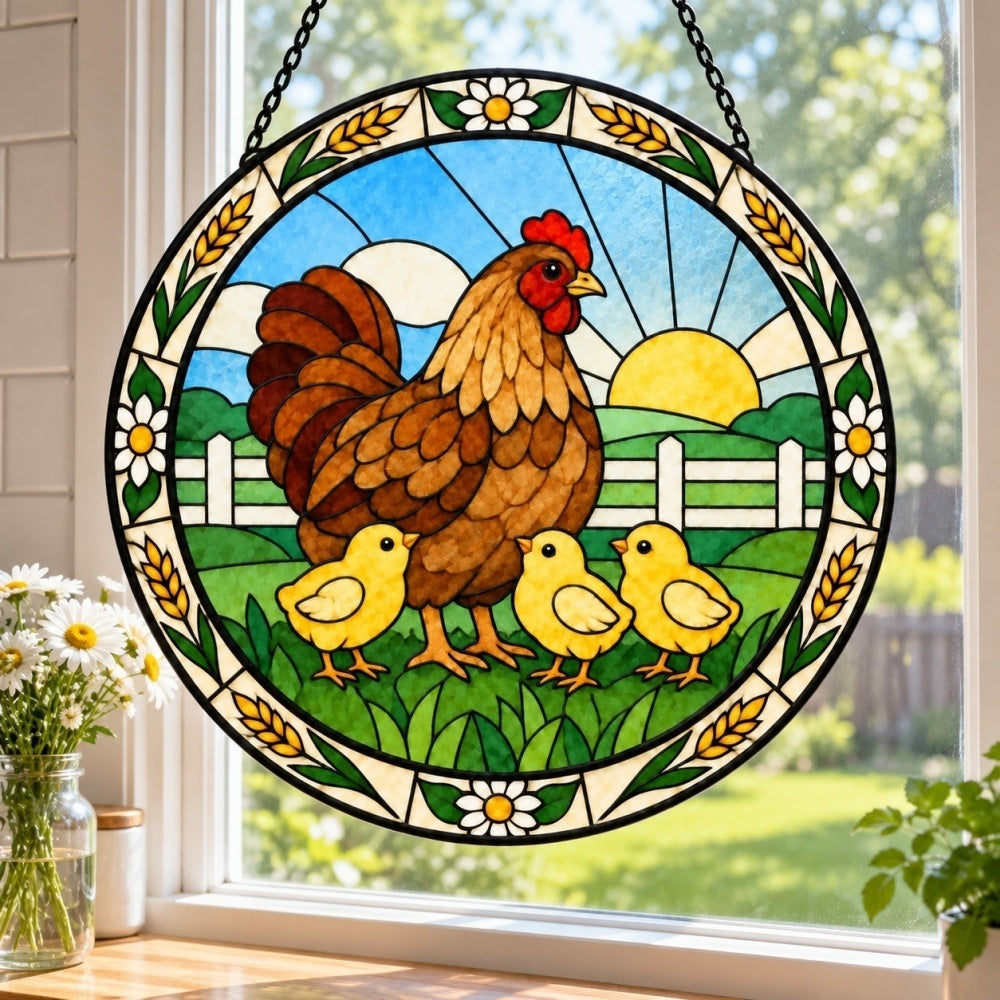 Hen and chicks stained glass suncatcher window hanging, suitable for home and garden decoration