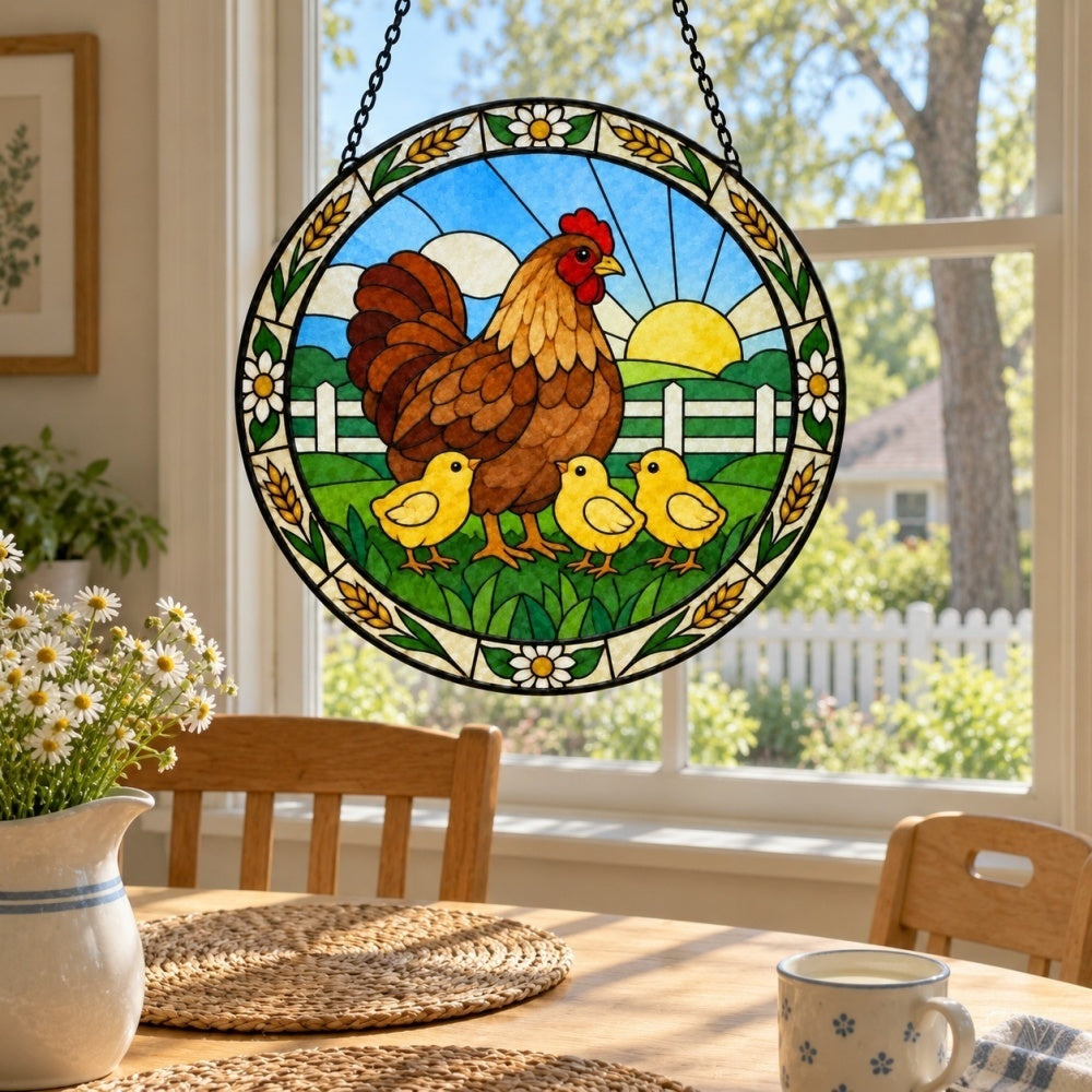 Hen and chicks stained glass suncatcher window hanging, suitable for home and garden decoration