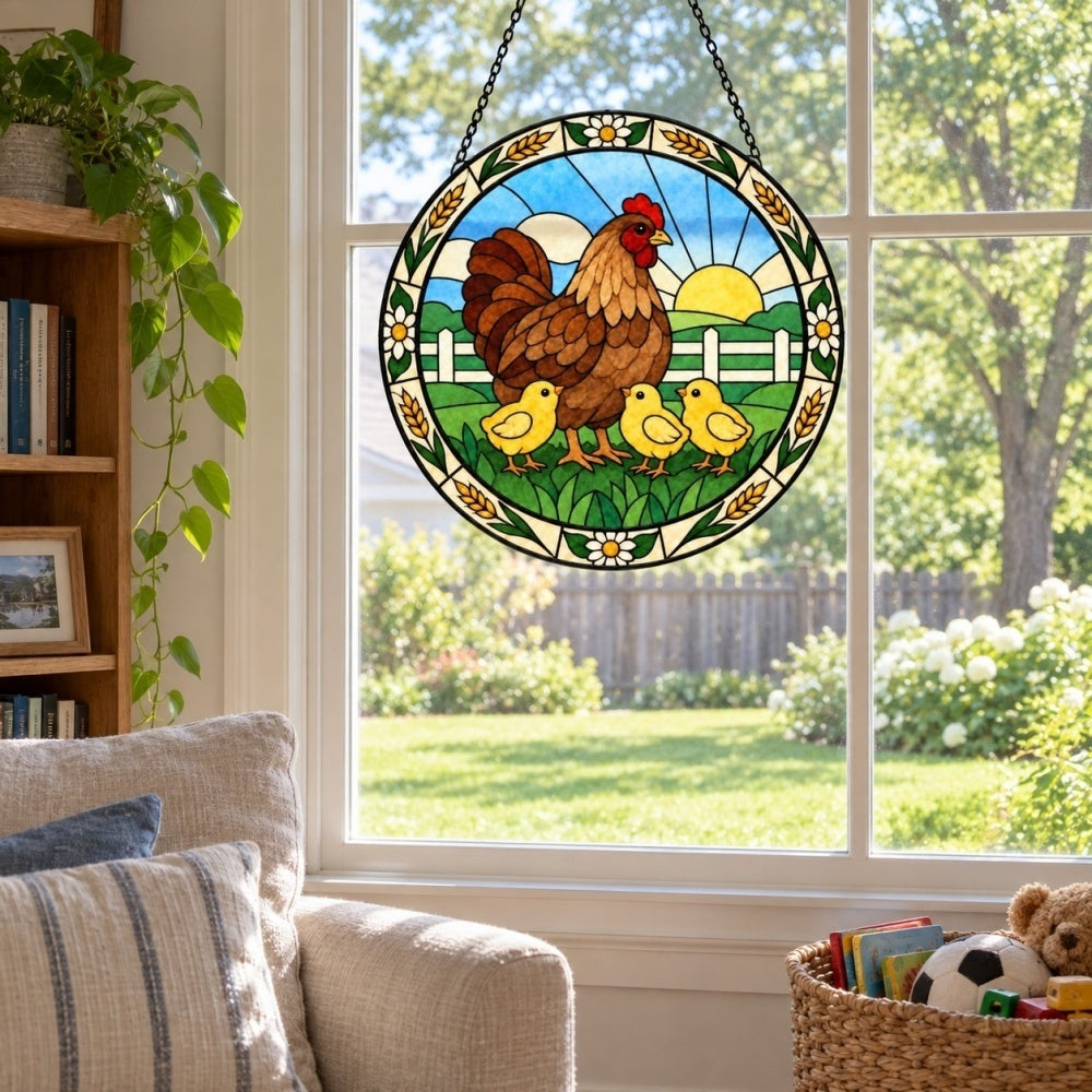 Hen and chicks stained glass suncatcher window hanging, suitable for home and garden decoration