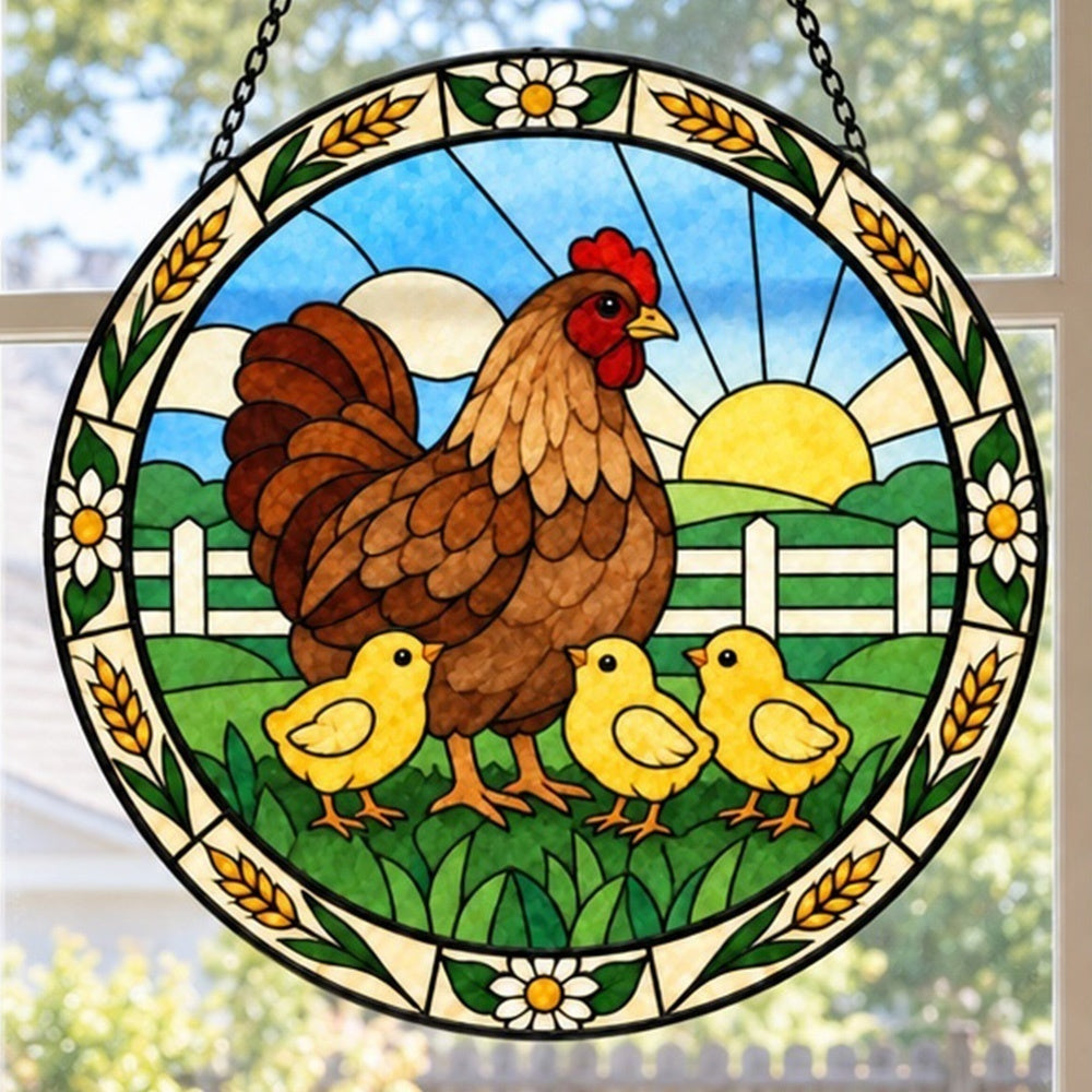 Hen and chicks stained glass suncatcher window hanging, suitable for home and garden decoration