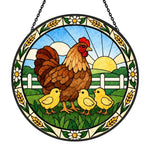 Hen and chicks stained glass suncatcher window hanging, suitable for home and garden decoration