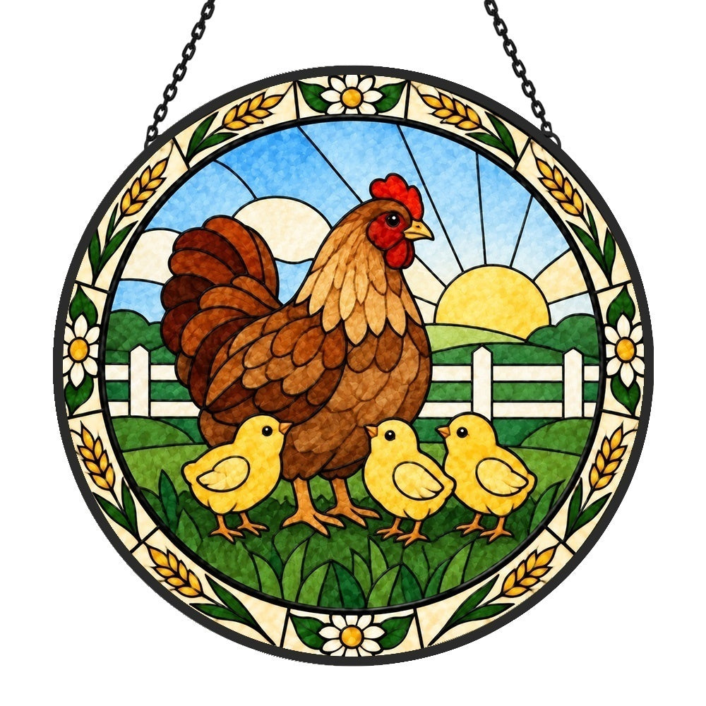 Hen and chicks stained glass suncatcher window hanging, suitable for home and garden decoration