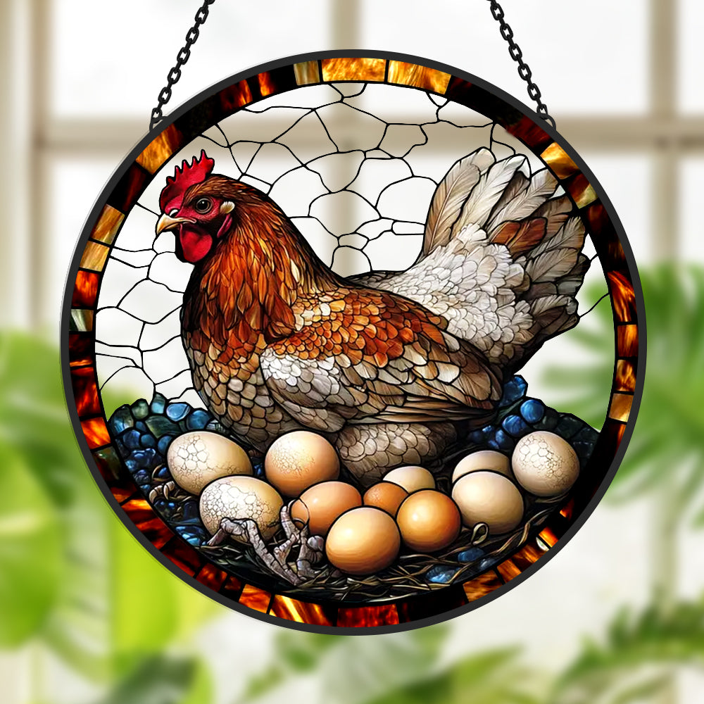 Hen nesting with eggs stained glass suncatcher window hanging, suitable for home and garden decoration