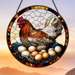 Hen nesting with eggs stained glass suncatcher window hanging, suitable for home and garden decoration