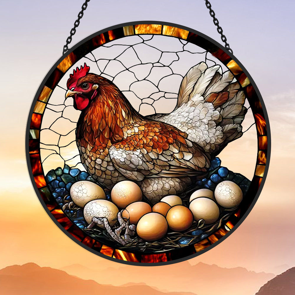 Hen nesting with eggs stained glass suncatcher window hanging, suitable for home and garden decoration