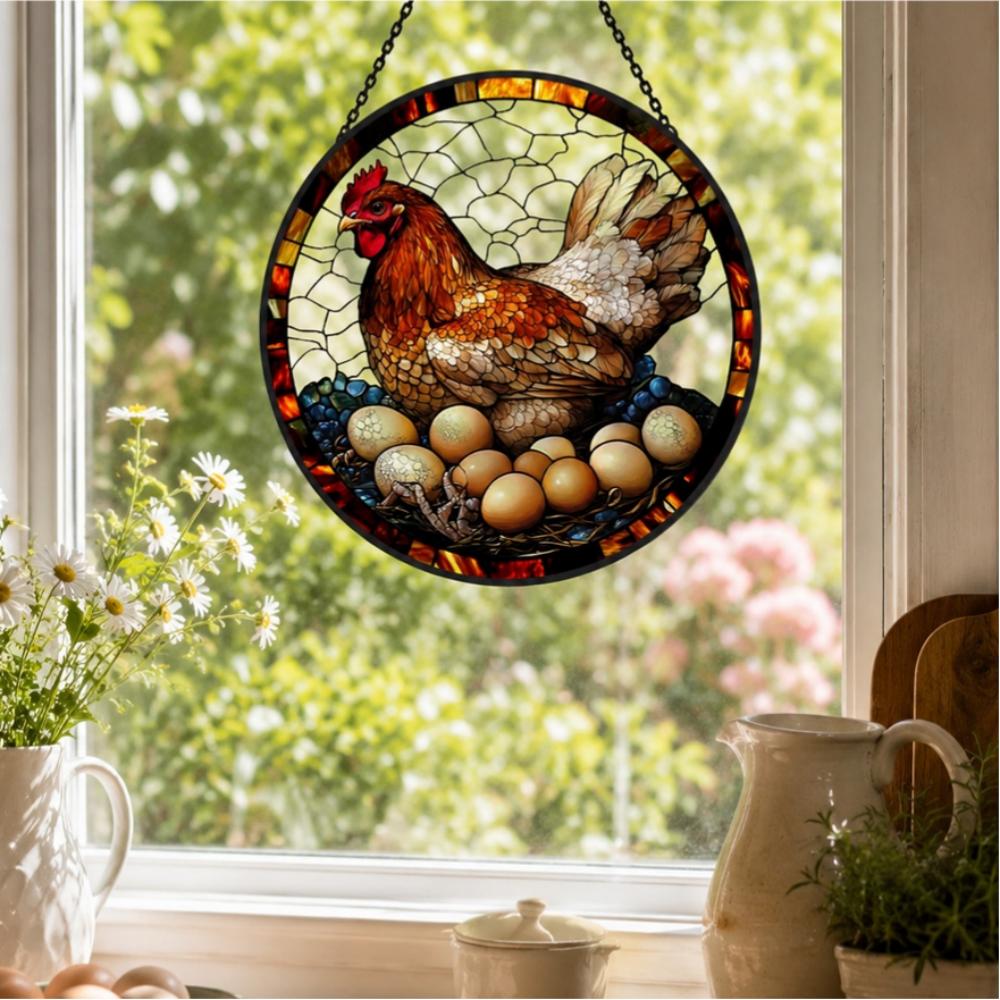 Hen nesting with eggs stained glass suncatcher window hanging, suitable for home and garden decoration