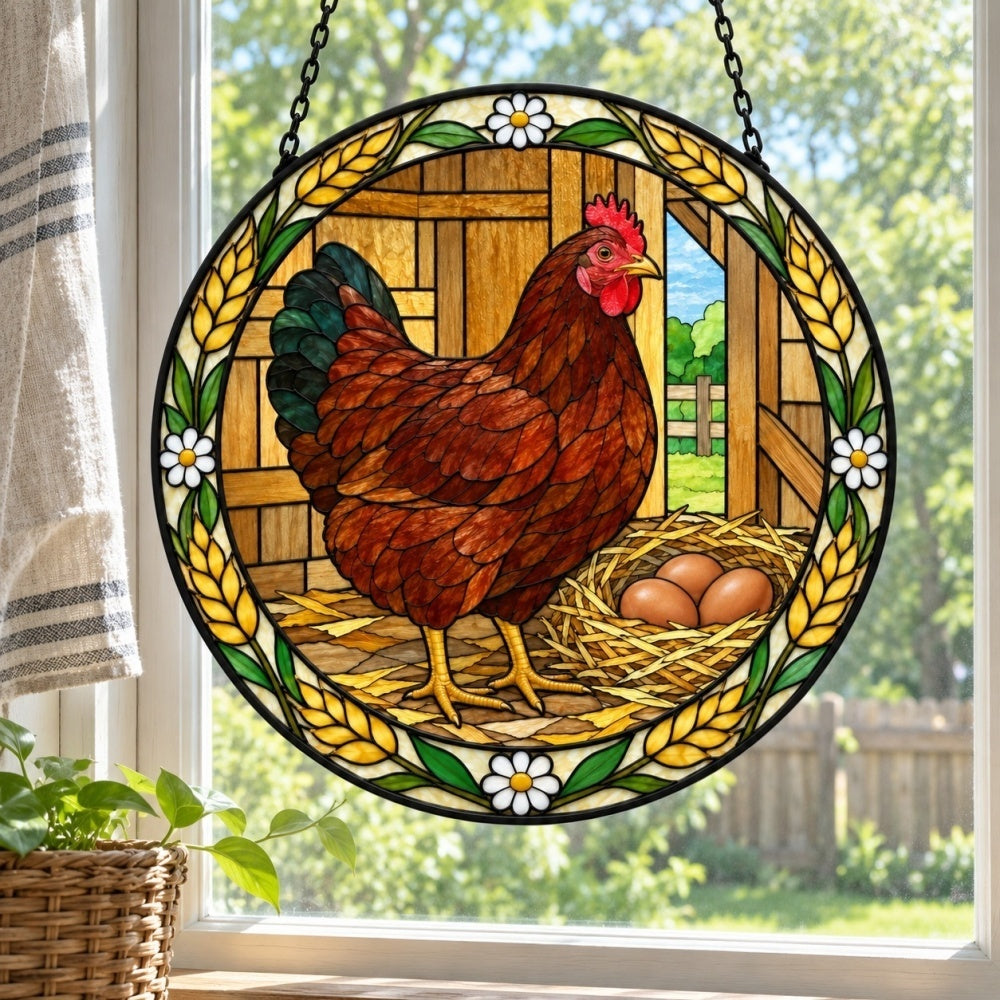 Hen stained glass suncatcher window hanging, suitable for home and garden decoration