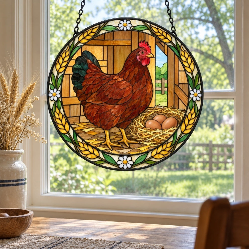 Hen stained glass suncatcher window hanging, suitable for home and garden decoration