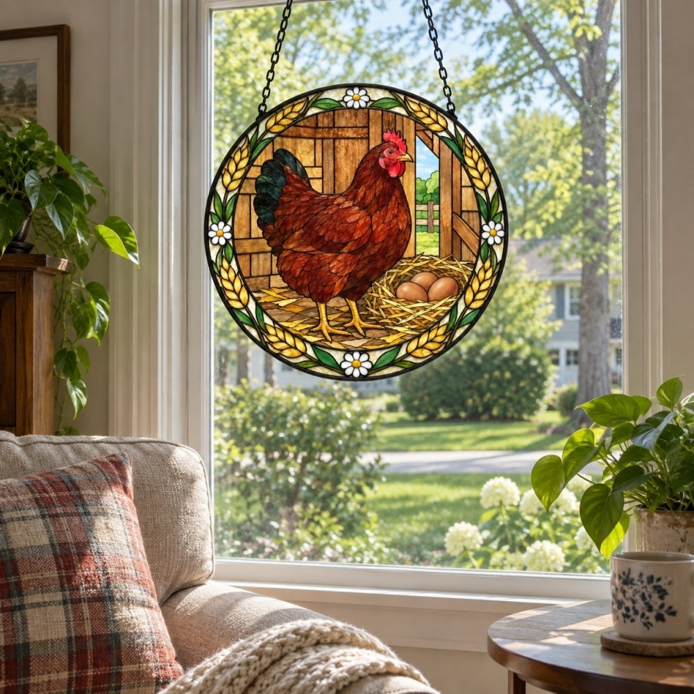 Hen stained glass suncatcher window hanging, suitable for home and garden decoration