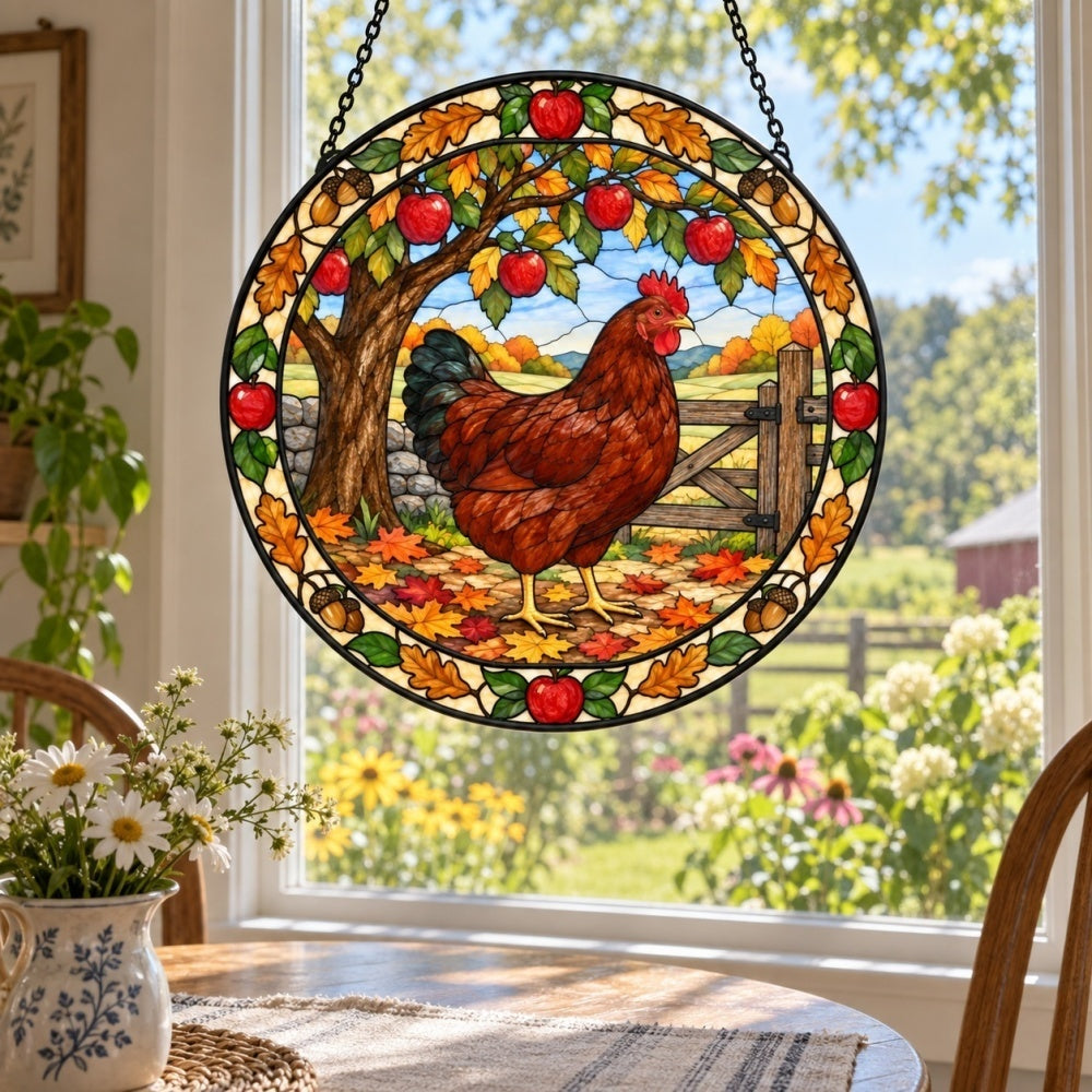 Hen stained glass suncatcher window hanging, suitable for home and garden decoration