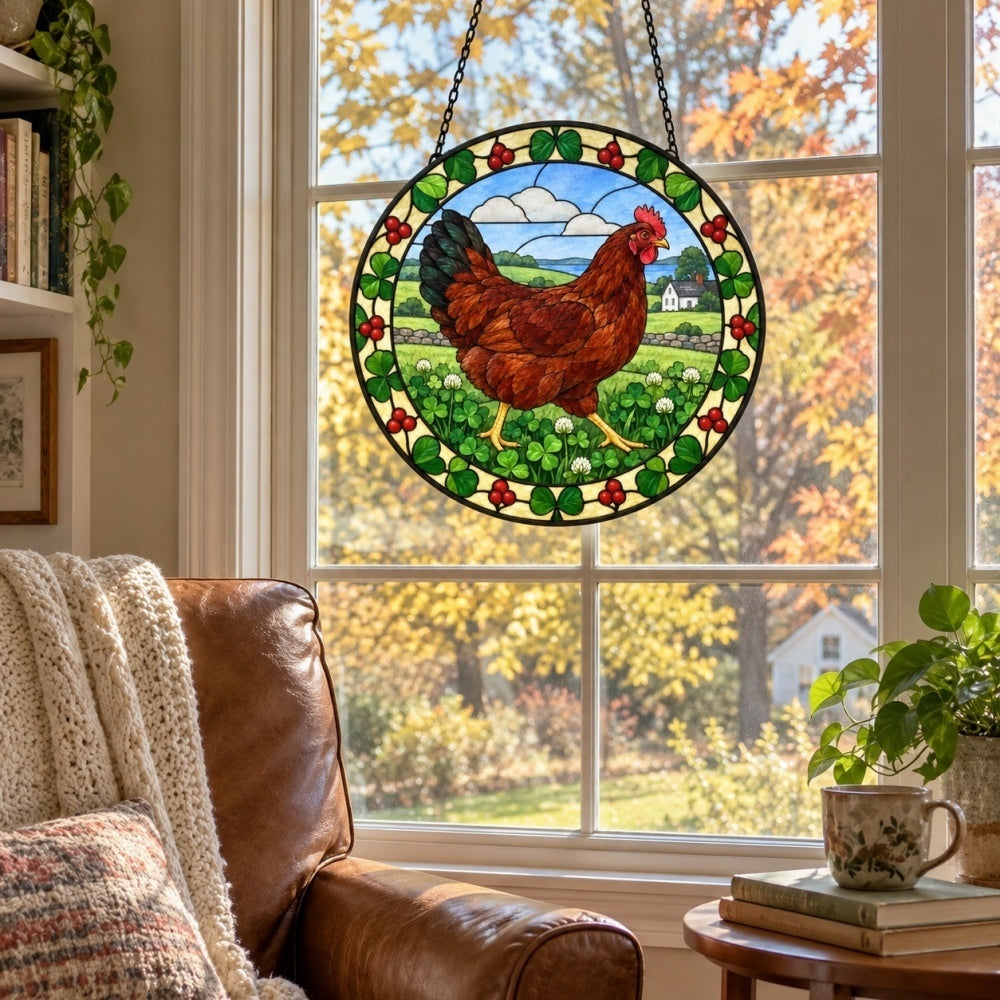 Hen stained glass suncatcher window hanging, suitable for home and garden decoration