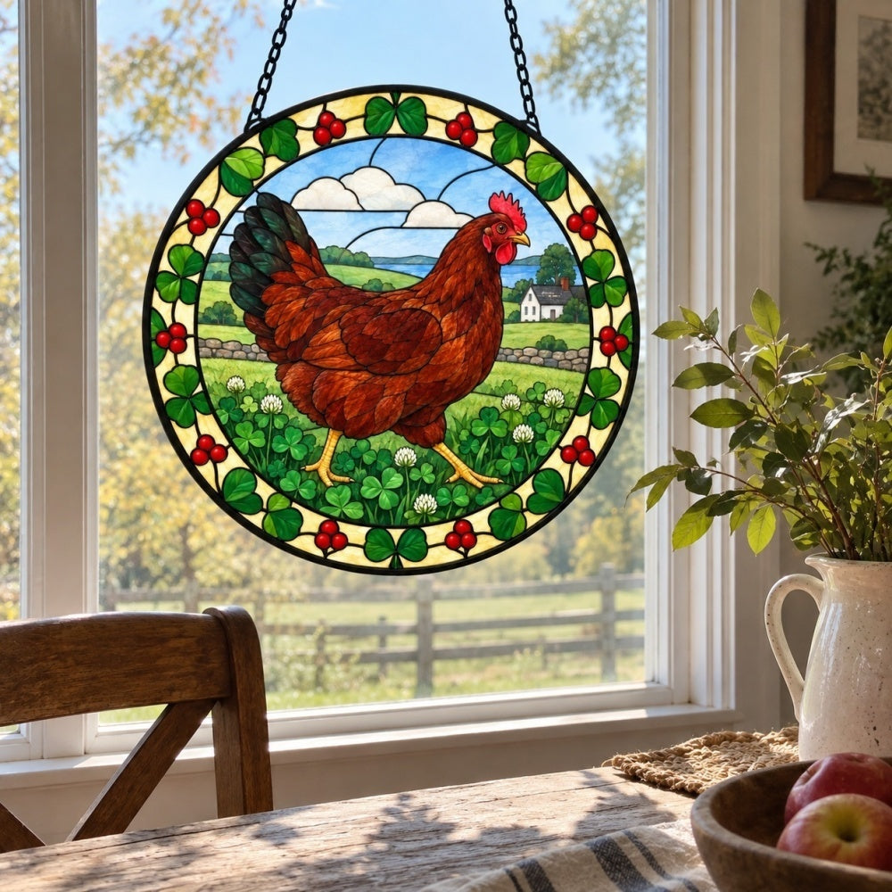 Hen stained glass suncatcher window hanging, suitable for home and garden decoration