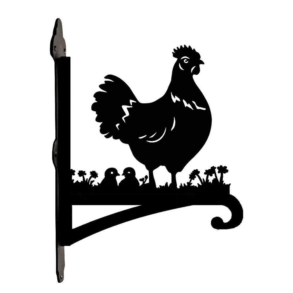 Hen with chicks metal hanging basket bracket mounted on outdoor wall for plant decoration