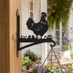 Hen with chicks metal hanging basket bracket mounted on outdoor wall for plant decoration