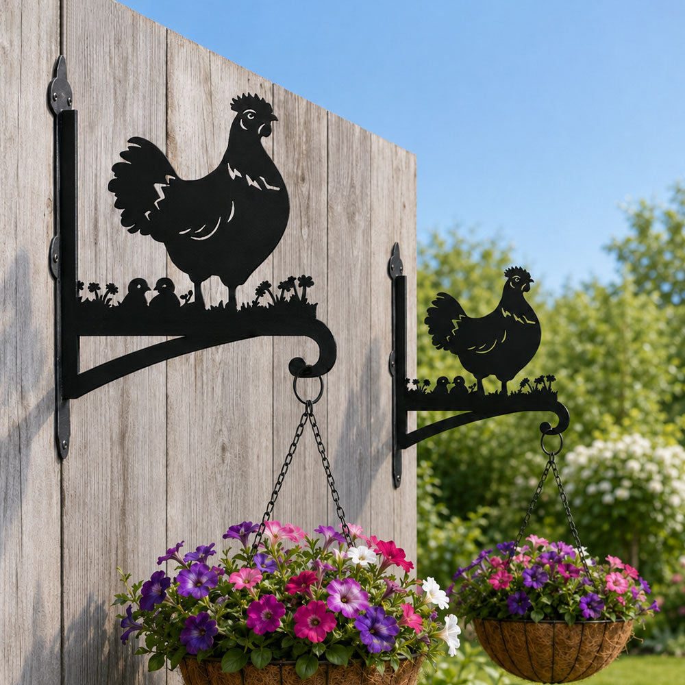 Hen with chicks metal hanging basket bracket mounted on outdoor wall for plant decoration